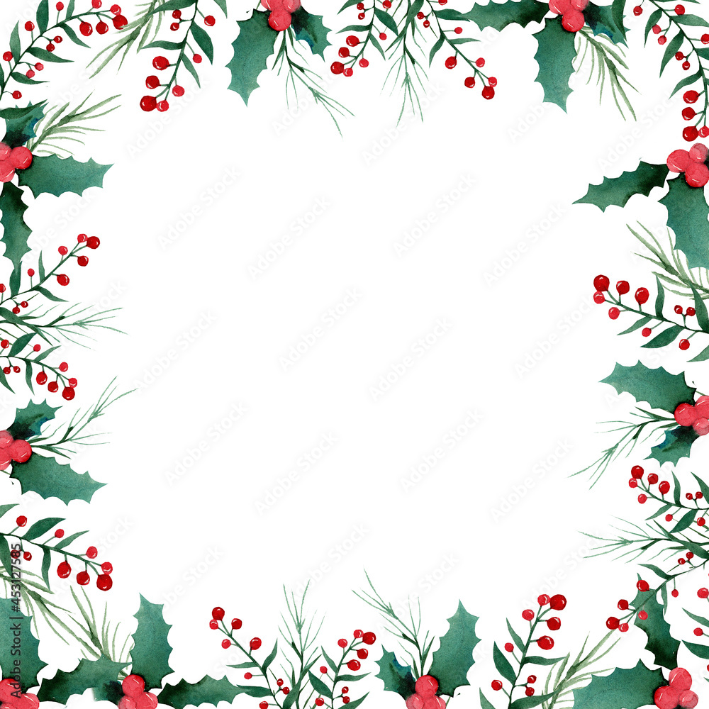 Watercolor christmas frame for design. Free space for text. Spruce and holly branches. Template for invitation cards.