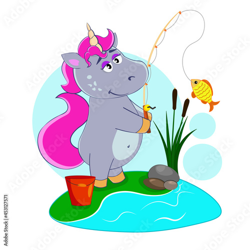 Cartoon unicorn fishing on the lake photo