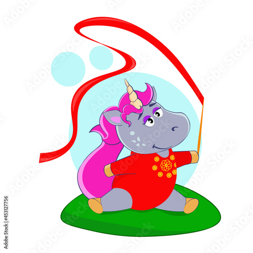 Fototapeta Naklejka Na Ścianę i Meble -  Cartoon unicorn gymnast with ribbon sitting leg-split