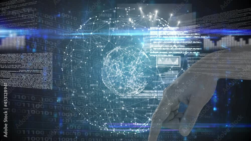 Animation of hand over data processing and globe of connections