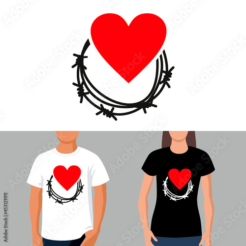 Heart and barbed wire symbol of freedom and independence. Logo with an example of a sticker on a T-shirt. Isolated on white