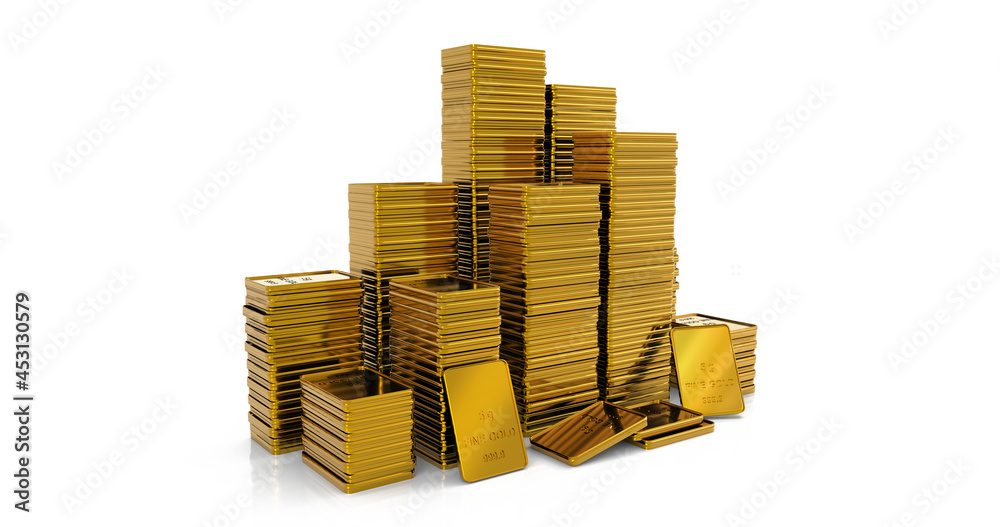 3D illustration of stack of 5g gold bullion on isolated white background 3D illustration of stack of 5g gold bullion on isolated white background
