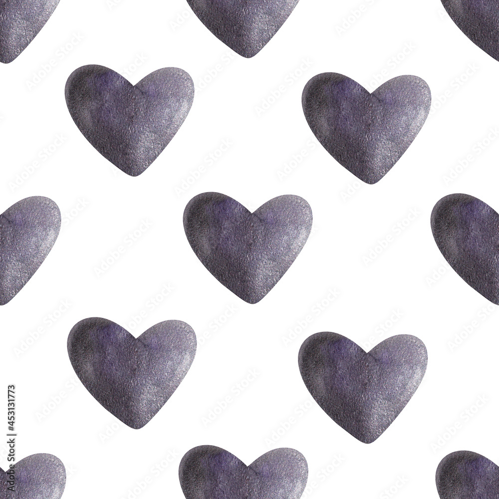 Dark blue watercolor heart seamless pattern. Template for decorating designs and illustrations.