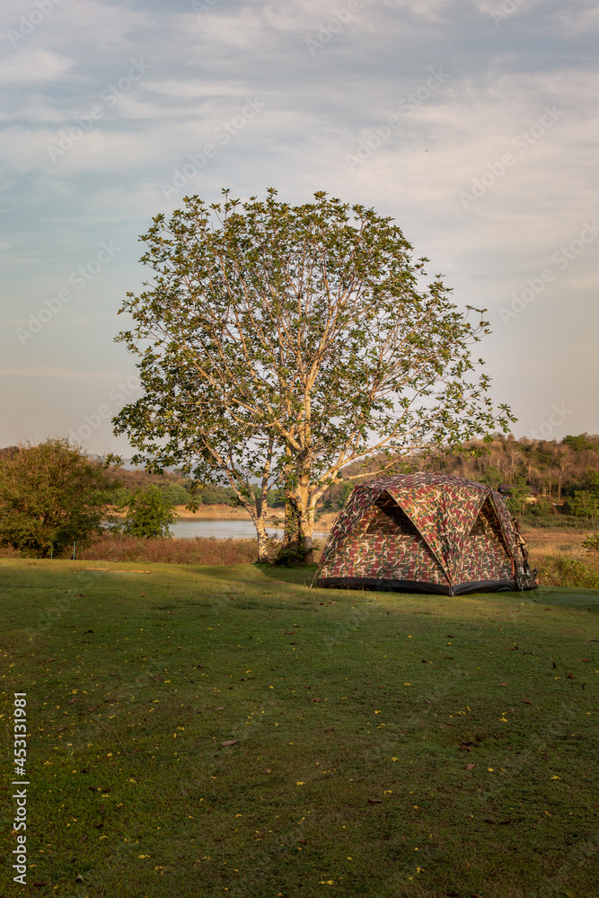 Obraz premium View of a camping tent with awning pitched on the dry ground Near beautiful big trees with branches at the campsite in lake shore with mountain range in background. Selective focus.