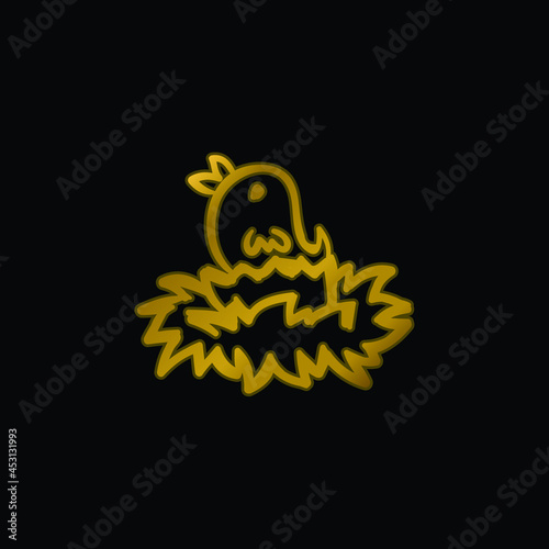 Bird On Nest Hand Drawn Outlined Animal gold plated metalic icon or logo vector