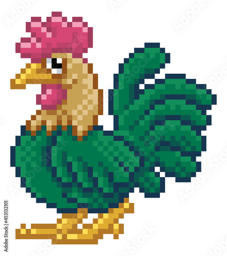 Chicken Cockerel Pixel Art Video Game Cartoon