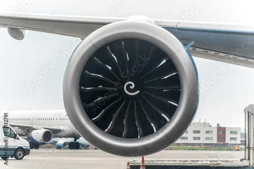 airplane jet engine turbine close up, new technology engineering © Mihail