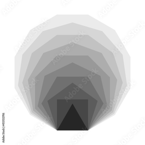 Convex regular polygons, placed inside each other. Equiangular and equilateral polygons with the same line segment length, from a triangle to a dodecagon, showing gray Mach bands, an optical illusion.