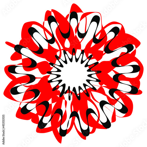 circular pattern of elliptical irregular and blunt angled stars.  vector illustration with red and black color combination.  Isolated on white background
