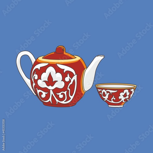 Teapot with a bowl (glass). Central Asian style. Blue background. Vector.