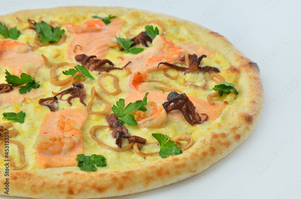 pizza with seafood on white background