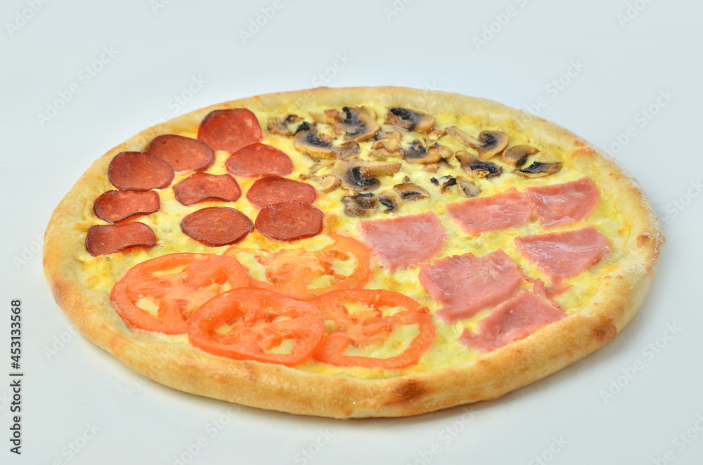 assorted pizza with ham onion and tomato cheese assorted pizza with ham onion and tomato cheese