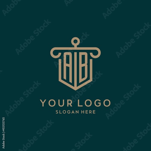 AB monogram initial logo design with shield and pillar shape style