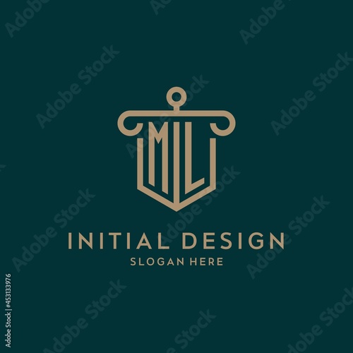 ML monogram initial logo design with shield and pillar shape style