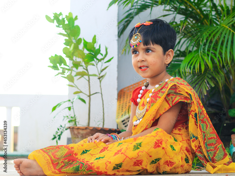 Indian Little Girl In Traditional Saree And Jewelry. Cute Indian Little 