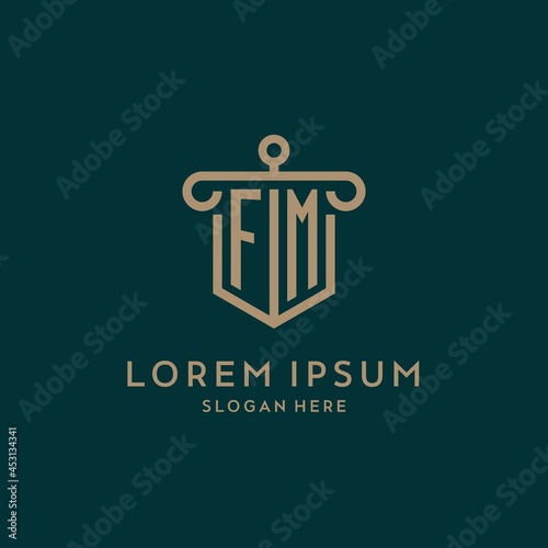 FM monogram initial logo design with shield and pillar shape style