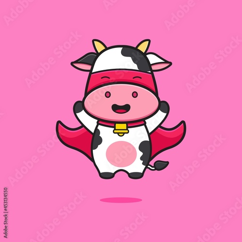 Cute cow super hero cartoon icon illustration
