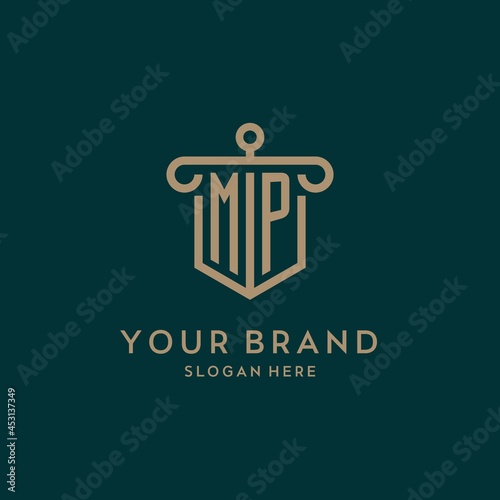 MP monogram initial logo design with shield and pillar shape style