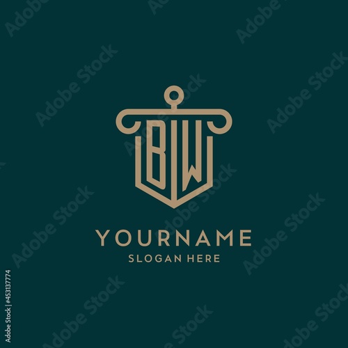 BW monogram initial logo design with shield and pillar shape style