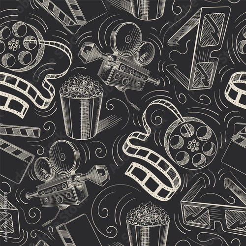 Vintage cinema sketchy seamless pattern. Retro film background. Vector illustration.