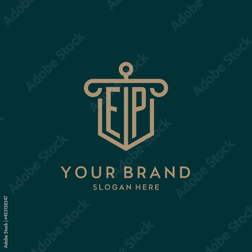 EP monogram initial logo design with shield and pillar shape style