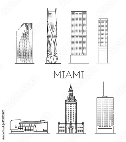 Miami, architecture line skyline illustration. Linear vector cityscape with famous landmarks