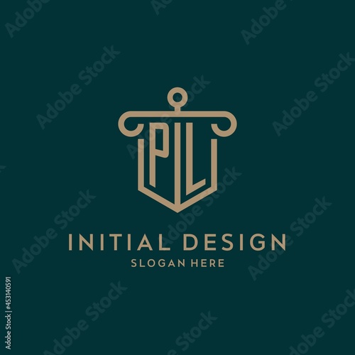 PL monogram initial logo design with shield and pillar shape style