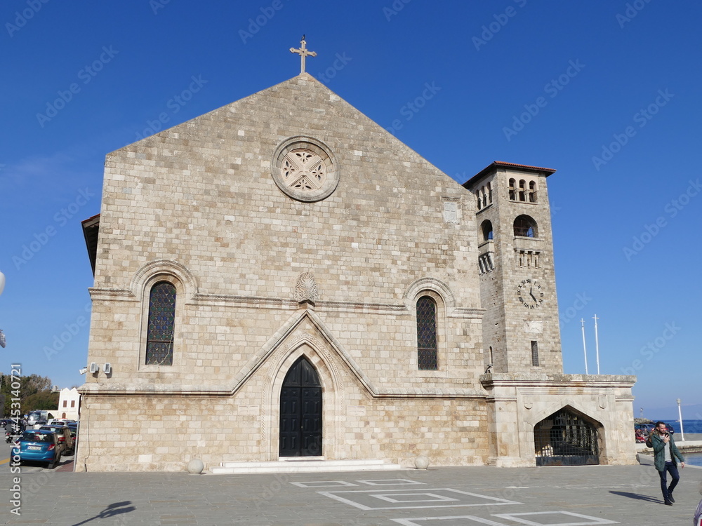 Evangelismos Cathedral in Rhodes Town, Rhodes, Greece, on the right the free-standing church tower