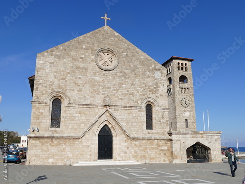 Evangelismos Cathedral in Rhodes Town, Rhodes, Greece, on the right the free-standing church tower