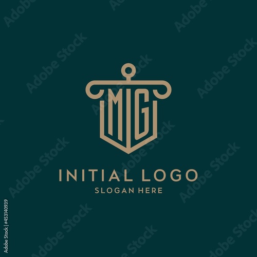 MG monogram initial logo design with shield and pillar shape style