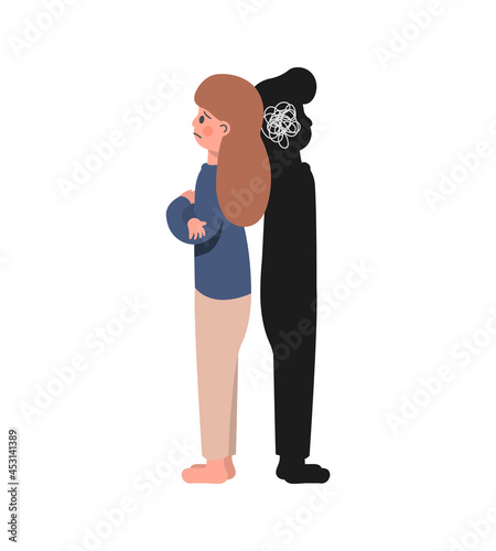 People in depression. Mental health problems, the loss of a loved one, a girl and a black silhouette of a guy, sadness, disappointment, pain in the soul. Isolated on white background