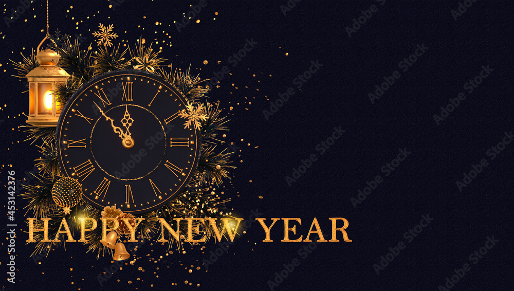 Christmas dark festive background, New Year, golden clock, hanging vintage decorative burning lantern decoration, toys, balls, spruce branches, pine trees, 3d rendering Christmas dark festive background, New Year, golden clock, hanging vintage decorative burning lantern decoration, toys, balls, spruce branches, pine trees, 3d rendering
