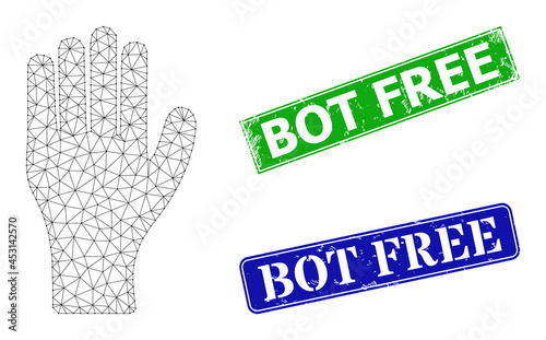 Net human hand model, and Bot Free blue and green rectangle scratched stamp seals. Mesh wireframe illustration created from human hand pictogram.