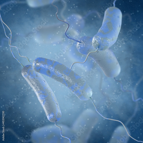Medical background, amphitrichous bacteria with two flagella or a bundle of flagella at both ends, vibrio, 3D rendering photo