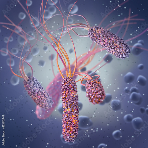 Medical background, lophotrichous bacteria with a monopolar arrangement of a bundle of flagella, representatives of the genus Pseudomonas, the most common pathogen, 3D rendering photo