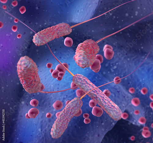 Medical background, monotrichous bacteria rod-shaped bacteria having a single flagellum located terminally or laterally, vibrio, Vibrionaceae, 3D rendering photo