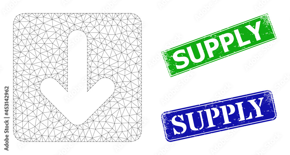 Mesh down cursor image, and Supply blue and green rectangle grunge stamp seals. Mesh wireframe image is created from down cursor icon. Stamp seals contain Supply text inside rectangle form.