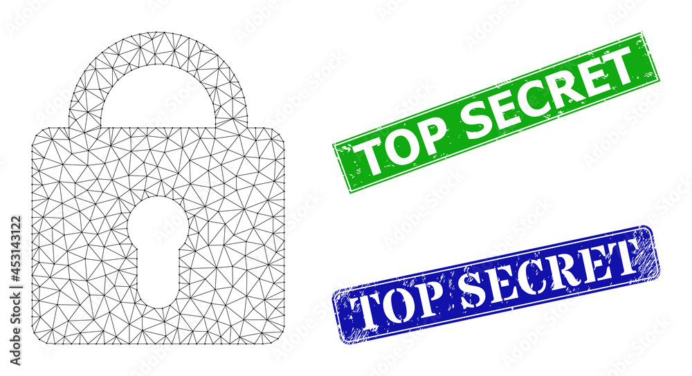 Mesh lock model, and Top Secret blue and green rectangular rubber seals. Mesh carcass illustration designed with lock pictogram. Seals contain Top Secret caption inside rectangle frame. Mesh lock model, and Top Secret blue and green rectangular rubber seals. Mesh carcass illustration designed with lock pictogram. Seals contain Top Secret caption inside rectangle frame.