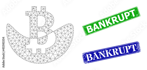 Polygonal melting bitcoin image, and Bankrupt blue and green rectangular textured seals. Polygonal carcass image based on melting bitcoin icon. Seals have Bankrupt title inside rectangular shape.