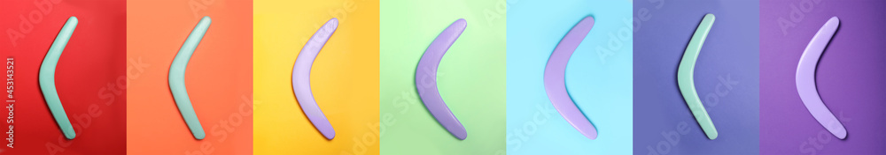 Collage with photos of boomerangs on different color backgrounds, top view. Banner design Collage with photos of boomerangs on different color backgrounds, top view. Banner design