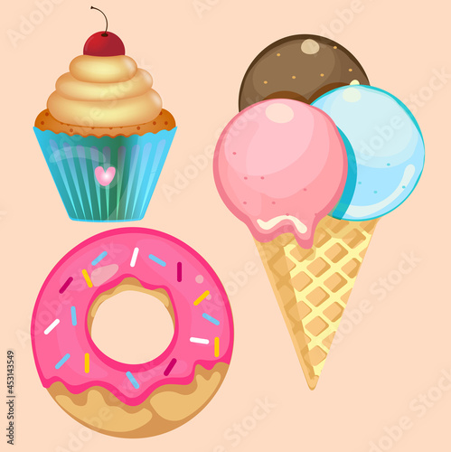 Cake, donut, ice cream, desserts