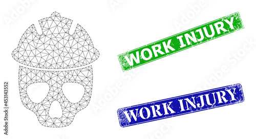 Polygonal safety helmet skull image, and Work Injury blue and green rectangular scratched stamp seals. Polygonal carcass illustration based on safety helmet skull icon.