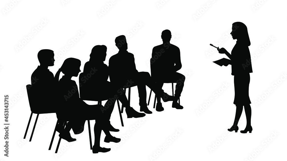 Business woman making presentation silhouette vector illustration isolated on white background. Teacher teaches students.