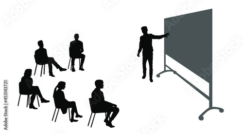 Business woman making presentation silhouette vector illustration isolated on white background. Teacher teaches students.