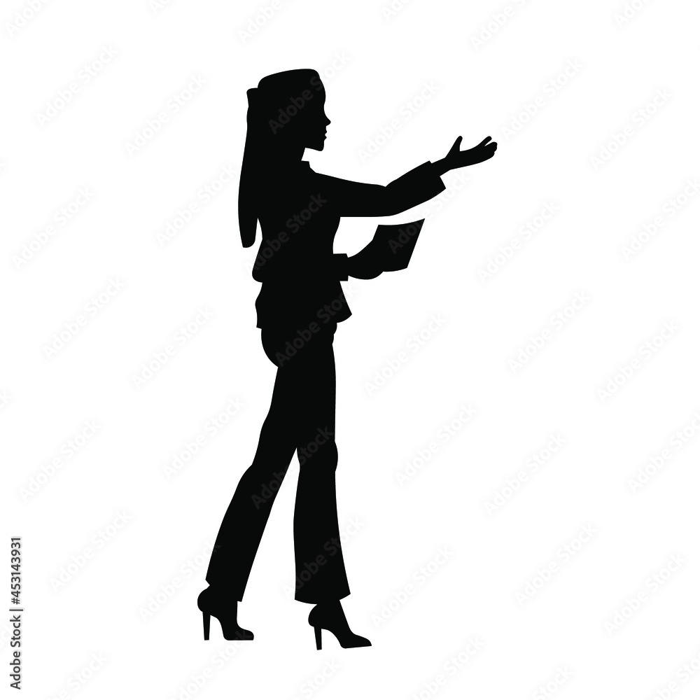 Business woman making presentation, coaching silhouette. Teacher or professor teaching.