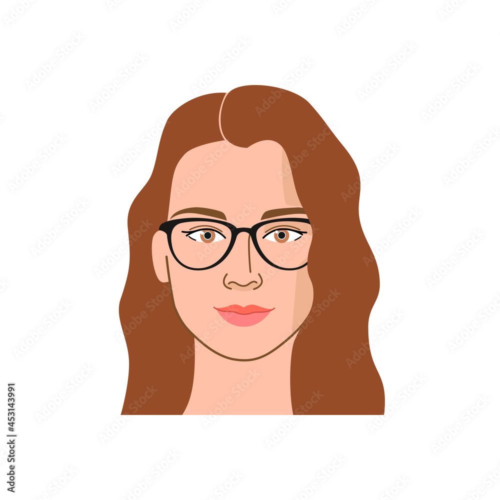 Portrait of girl with glasses. Cute illustration of woman face. Contour line illustration for beauty salons, cosmetics. 