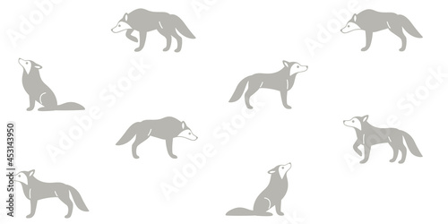 Simple seamless trendy animal pattern with wolf in different poses. Cartoon vector print.