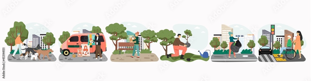 Volunteer activity set, flat vector illustration. People helping homeless animals, disabled people, collecting garbage. Volunteer activity set, flat vector illustration. People helping homeless animals, disabled people, collecting garbage.