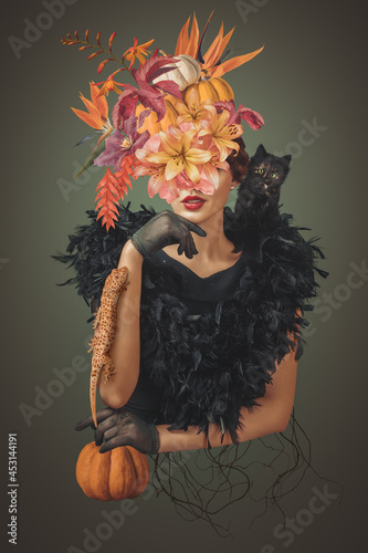 Abstract halloween art collage of young woman with flowers