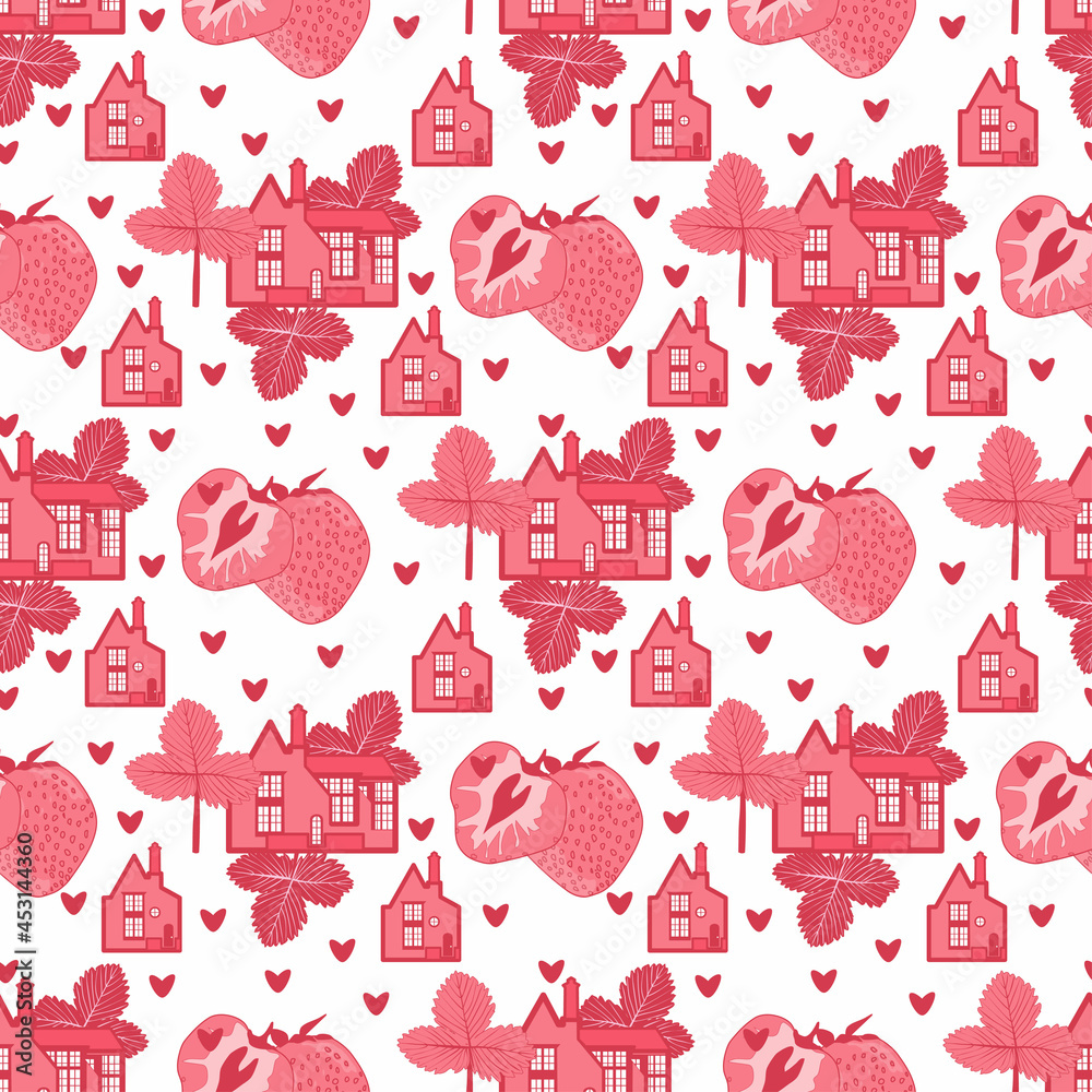 vector seamless pattern with the image of houses, berries and strawberry leaves vector seamless pattern with the image of houses, berries and strawberry leaves